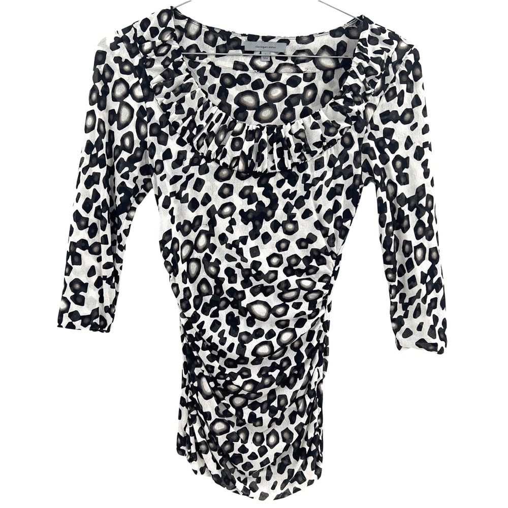 Classiques Entier Leopard Silk Blend‎ Ruched Ruffle Top Black White Grey Size S